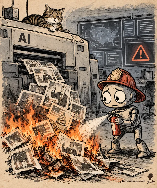 Satirical cartoon: a giant printer labeled AI spews out fake political photos that catch fire on the floor, while a small worried robot in a firefighter helmet sprays a tiny extinguisher at the blaze and a tabby cat watches unimpressed from atop the printer.