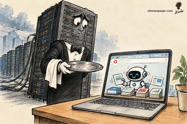 Satirical cartoon: a sad server rack dressed as a waiter in a bow tie holds out an empty silver tray beside a laptop, where a small robot inside the Opera browser sorts documents into neat stacks.