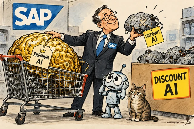 Satirical cartoon: a smiling SAP executive holds up a small grey dented brain tagged 'DISCOUNT AI' while a giant golden brain tagged 'PREMIUM AI' sits in a shopping cart; a worried little robot clutches its head and a tabby cat watches, unimpressed.