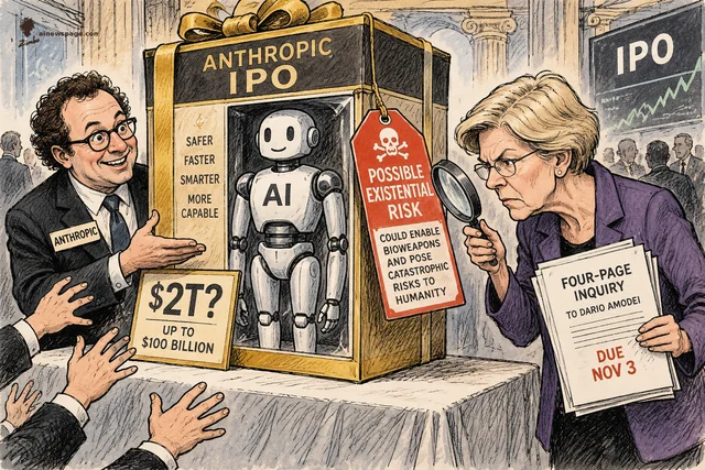 Satirical cartoon: Anthropic CEO Dario Amodei grins as he presents a gift-boxed Anthropic IPO containing an AI robot, priced at $2 trillion, while Sen. Elizabeth Warren peers through a magnifying glass at a red tag reading 'Possible existential risk' and holds her four-page inquiry due Nov 3.