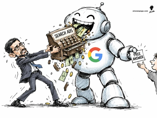 Satirical cartoon: a giant grinning Google robot devours an old-fashioned cash register labelled 'SEARCH ADS', coins and bills flying, while handing a slip marked 'FREE ANSWER' to a smiling user, as Alphabet CEO Sundar Pichai in a suit desperately pulls the register back.