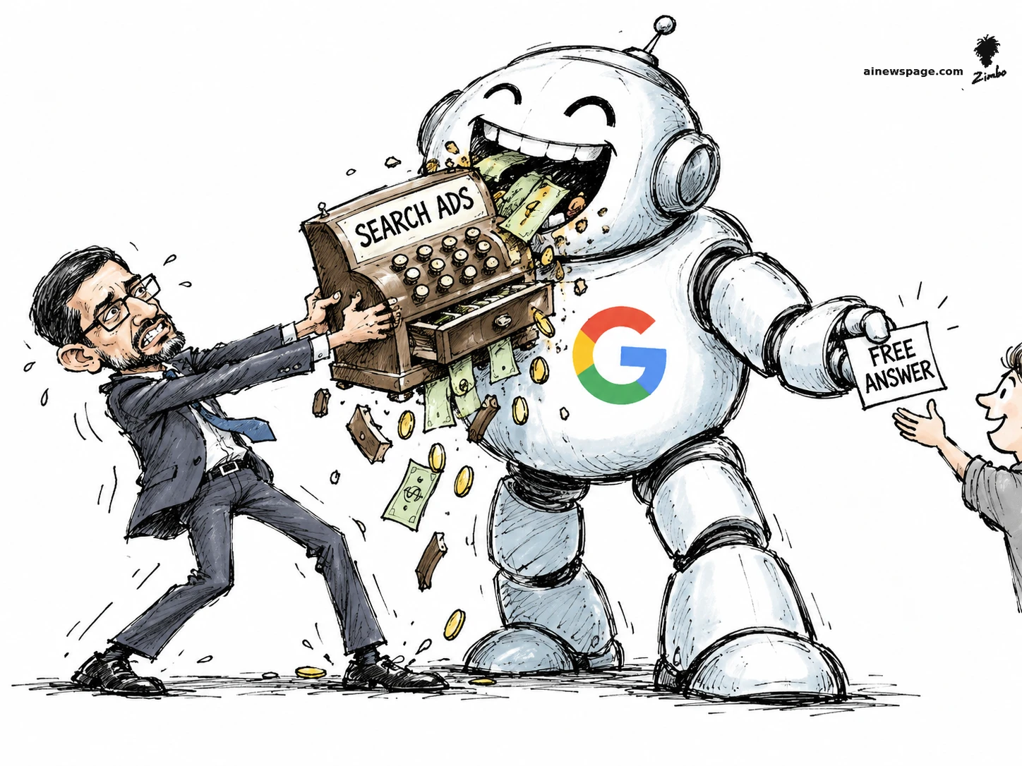 AI cartoon by Zimbo: Satirical cartoon: a giant grinning Google robot devours an old-fashioned cash register labelled 'SEARCH ADS', coins and bills flying, while handing a slip marked 'FREE ANSWER' to a smiling user, as Alphabet CEO Sundar Pichai in a suit desperately pulls the register back.