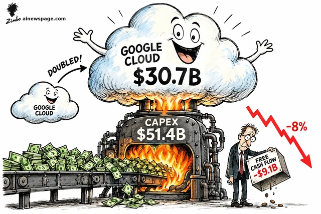 Satirical cartoon: a small GOOGLE CLOUD cloud doubles into a giant smiling GOOGLE CLOUD $30.7B cloud atop a CAPEX $51.4B furnace burning a conveyor of cash, while a worried businessman holds an empty FREE CASH FLOW -$9.1B box under a falling -8% arrow.