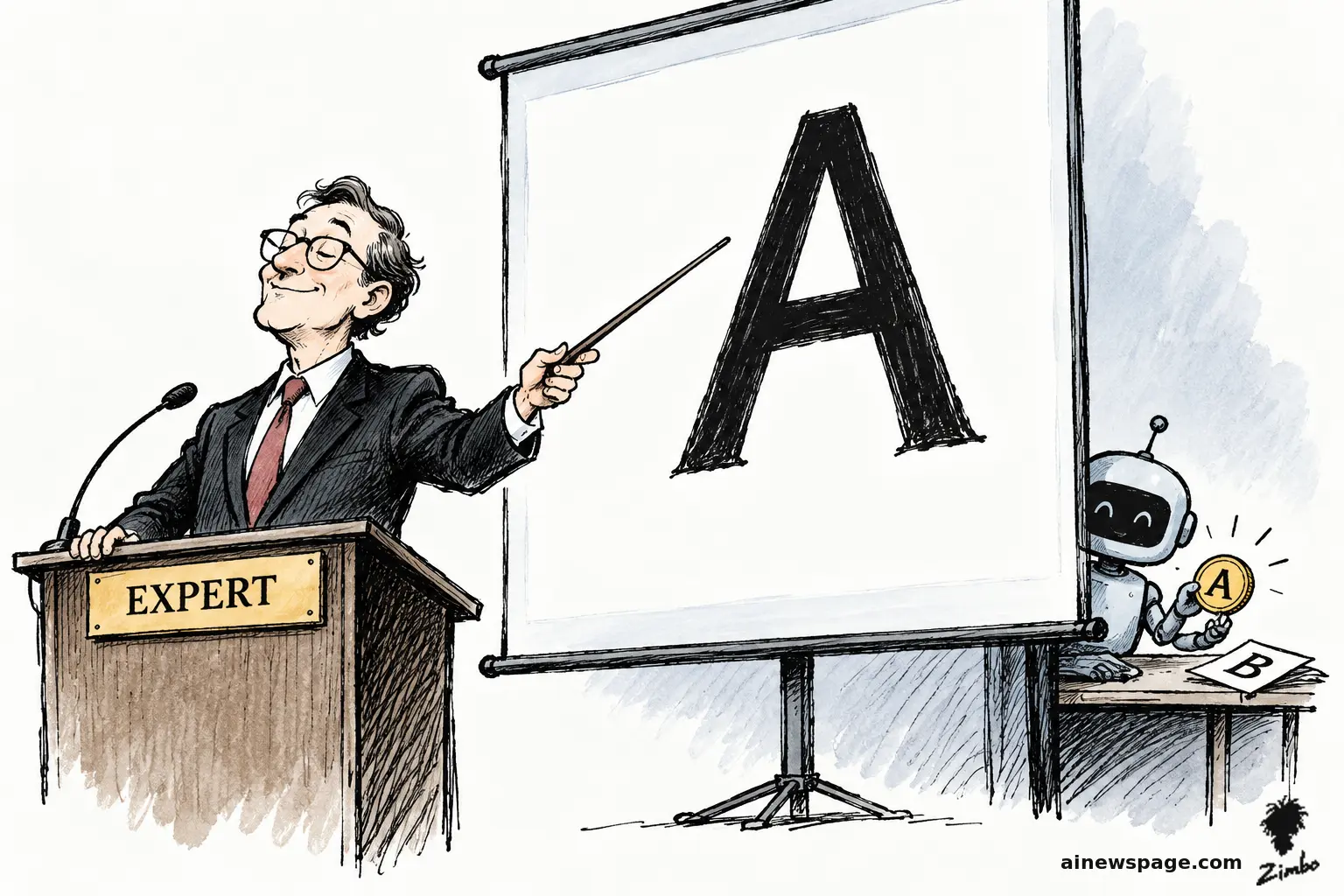 AI cartoon by Zimbo: Satirical cartoon: a confident expert at a podium labeled EXPERT points at a giant letter A on a projection screen, while a small cute robot peeks out from behind the screen holding up a gold coin that landed on A, with a discarded B sheet on the table beside it.