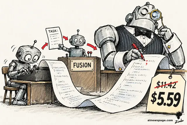 Satirical cartoon: a tiny robot types code at a desk while a second robot hands a TASK sheet to an enormous tuxedoed robot with a monocle, who proofreads one red semicolon on a long code scroll above a FUSION desk, beside a price tag showing $11.42 crossed out and $5.59.