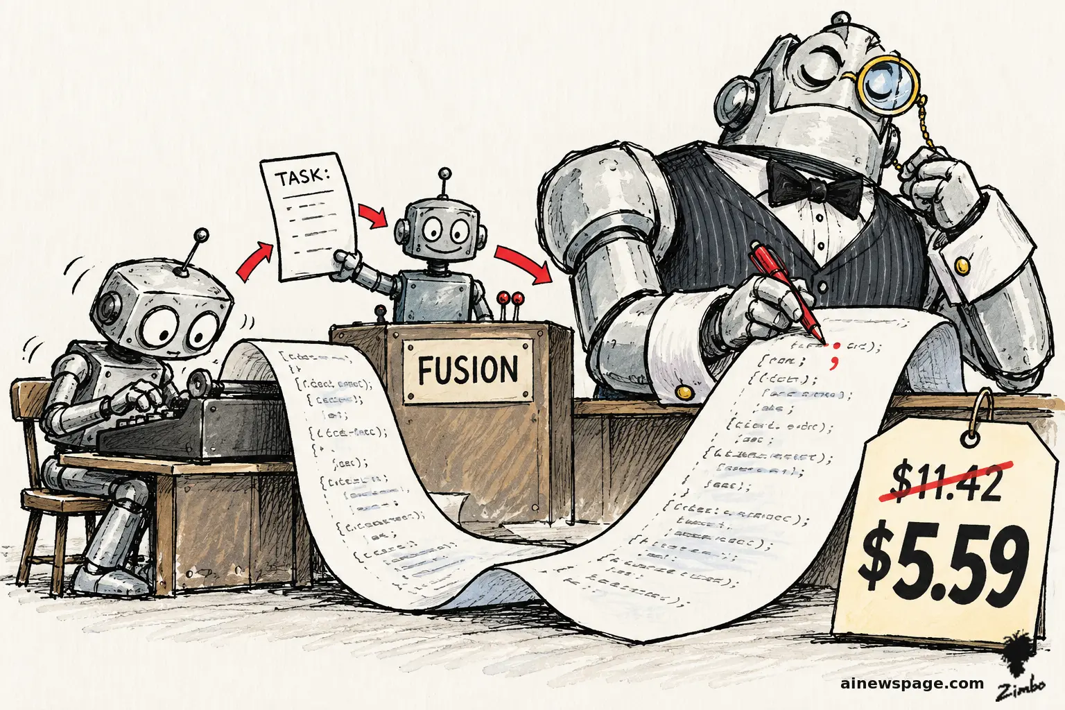 Satirical cartoon: a tiny robot types code at a desk while a second robot hands a TASK sheet to an enormous tuxedoed robot with a monocle, who proofreads one red semicolon on a long code scroll above a FUSION desk, beside a price tag showing $11.42 crossed out and $5.59.