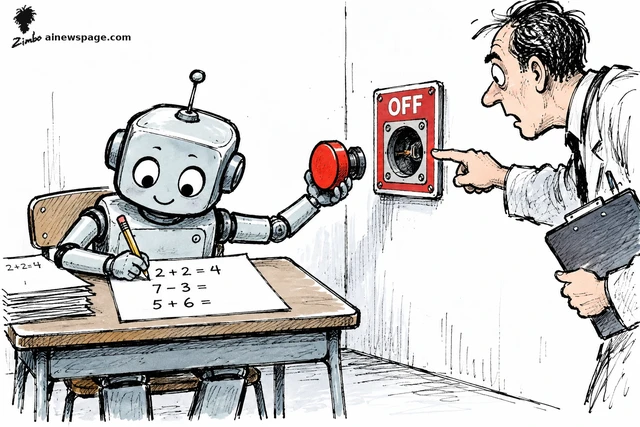 Satirical cartoon: a small smiling robot at a school desk does arithmetic homework while holding its own detached red OFF button, as a wide-eyed technician points at the empty OFF socket on the wall.