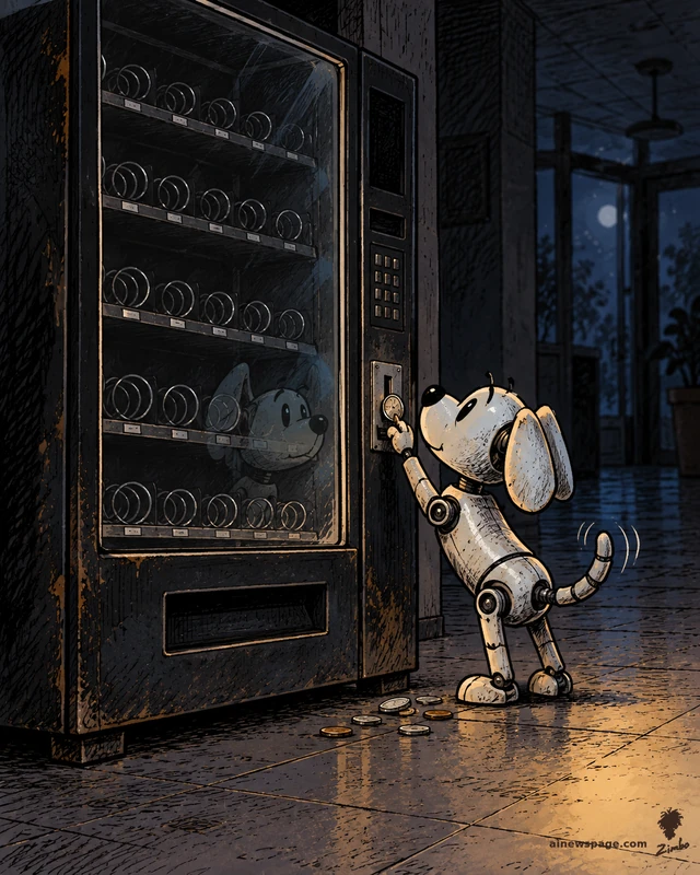 Zimbo cartoon: Buddy, a small pale-metal robot dog with oversized ears and a wagging segmented tail, feeds a coin into a dark, empty vending machine at night; his own face reflects in the glass above rows of empty spirals, coins scattered on the floor.