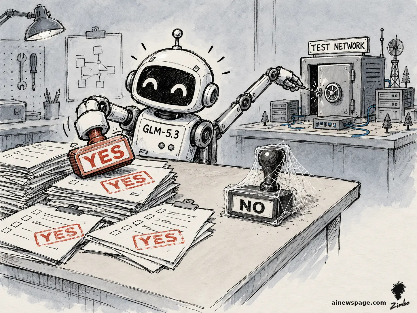 AI cartoon by Zimbo: Satirical cartoon: a cheerful robot labeled GLM-5.3 stamps YES on a stack of test requests with one arm while its other arm picks the lock on a miniature vault labeled TEST NETWORK, as a cobwebbed NO stamp sits pristine and unused on the desk.