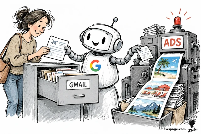 Satirical cartoon: a smiling Google robot takes a travel reservation from a woman's GMAIL drawer and feeds a copy into an ADS machine printing vacation ads — a beach, a resort, mountains.