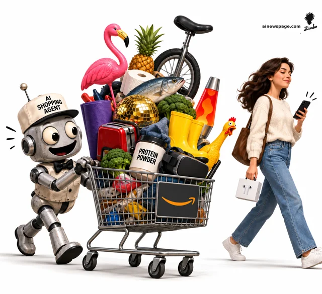 Satirical cartoon: a cheerful robot wearing an AI SHOPPING AGENT cap proudly pushes an overflowing cart of absurd wrong items — flamingo float, unicycle wheel, disco ball, rubber chicken — while a woman breezes past one-click ordering on her phone with one small bag.