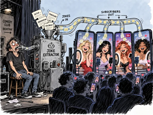 Satirical cartoon: a machine labeled JOKE EXTRACTOR drains handwritten joke pages — setup, observation, punchline, callback — from a stunned backstage comedian and pipes them into four phones, where smiling AI performers collect hearts and subscribers from a filming crowd.