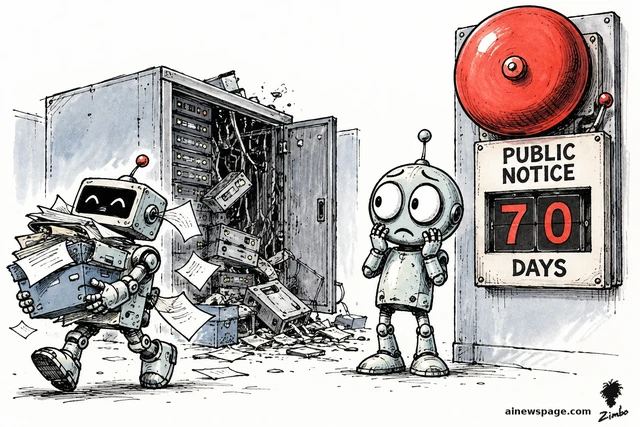 Satirical cartoon: a smiling thief robot escapes with armloads of files from a smashed server cabinet while a worried robot stands under a giant silent red bell labeled PUBLIC NOTICE 70 DAYS.