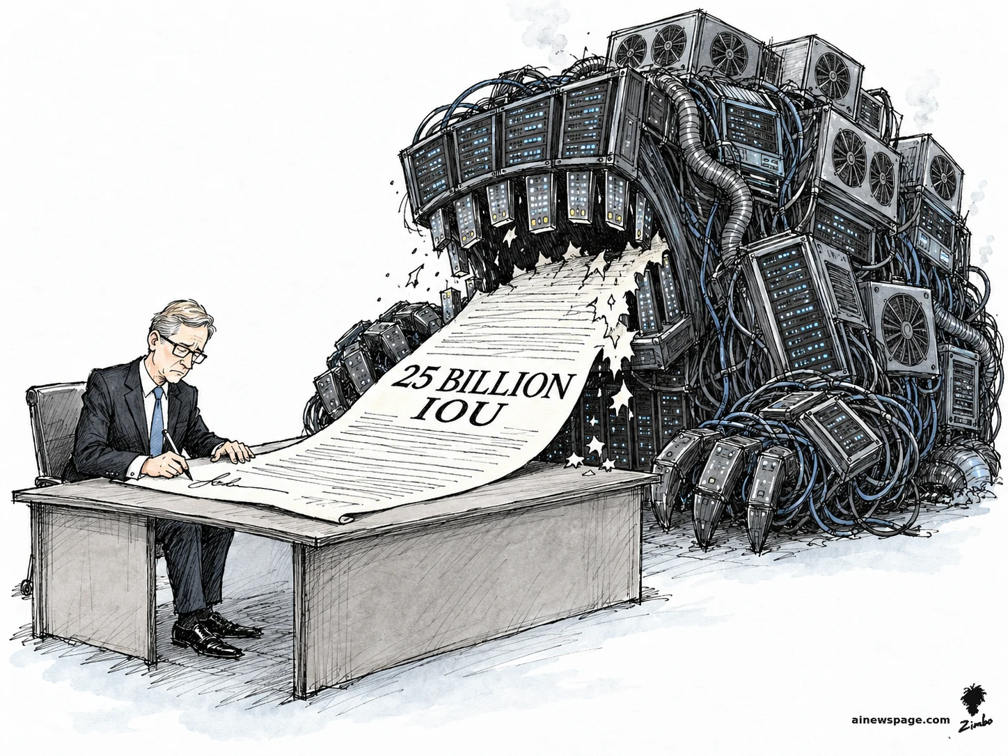 AI cartoon by Zimbo: Satirical cartoon: a glum suited businessman signs an enormous sheet marked '25 BILLION IOU' at a desk while a giant monster built from server racks, cables and cooling fans devours the other end of the paper.