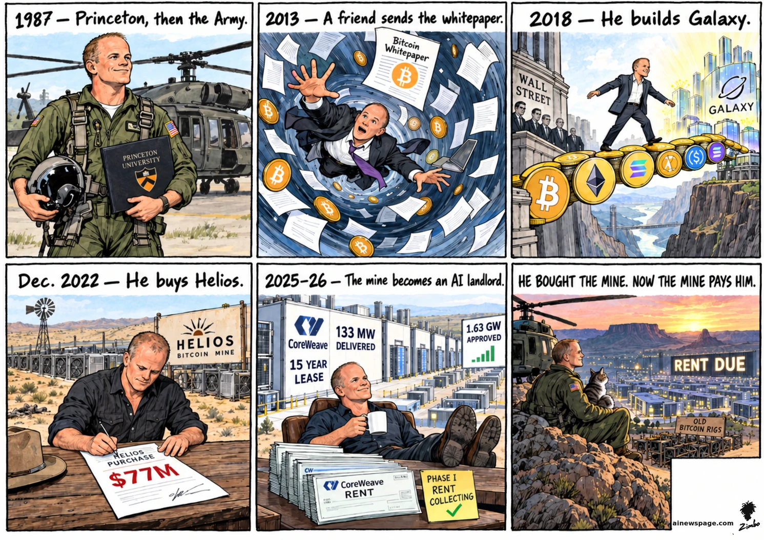AI cartoon by Zimbo: Novogratz strip: Princeton '87, Army helicopter pilot; 2013 the Bitcoin whitepaper; 2018 Galaxy; Dec 2022 the $77M Helios mine; 2025-26 a 15-year CoreWeave lease makes it an AI landlord; finale, Novogratz and Issue the cat at a lookout over data centers under a RENT DUE sign.