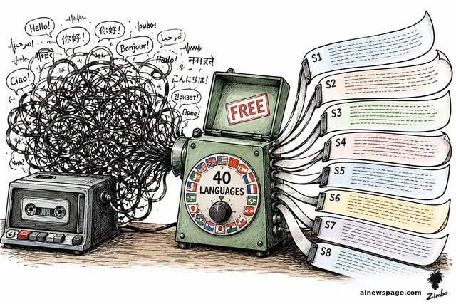 Satirical cartoon: a tangled knot of multilingual speech bubbles feeds into a green machine with a 40 LANGUAGES dial and a red FREE stamp, which prints out eight neat color-coded transcripts labeled S1 through S8 from a tape recorder.