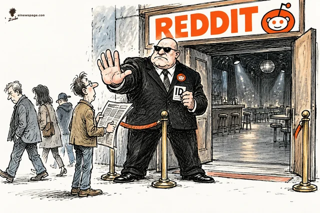 Satirical cartoon: a burly bouncer in sunglasses blocks the door of a Reddit clubhouse, holding up an ID card, while visitors walk away and one man clutches a newspaper; the club interior inside sits empty.