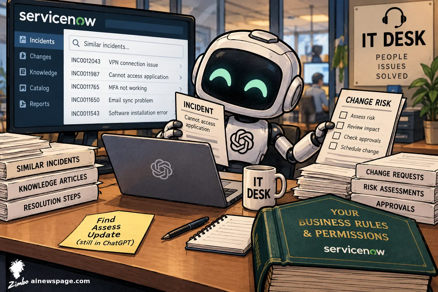 AI cartoon by Zimbo: Satirical cartoon: a cheerful white robot sits at a company IT desk, holding an INCIDENT ticket in one hand and a CHANGE RISK checklist in the other, while a screen behind it lists ServiceNow incidents and a giant green rulebook titled YOUR BUSINESS RULES & PERMISSIONS anchors the desk.