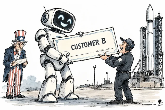 Satirical cartoon: a big smiling white robot hands an oversized check labelled 'CUSTOMER B' to a grinning SpaceX launch worker at a rocket pad, while a dejected Uncle Sam holds a much smaller check beside them.