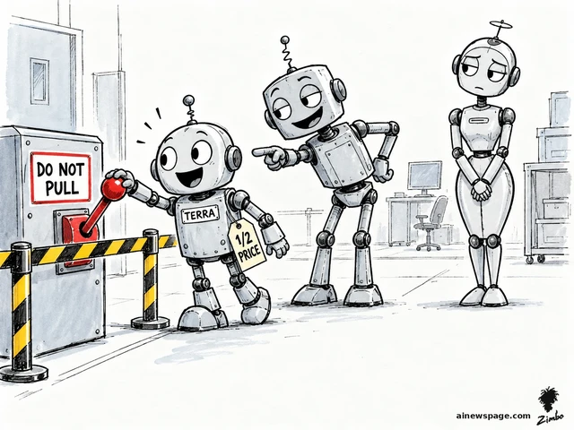 Satirical cartoon: a small smiling TERRA robot with a 1/2 PRICE tag gleefully pulls a red DO NOT PULL lever at a grinning peer robot's pointing gesture, while a pricier robot stands aside unimpressed.