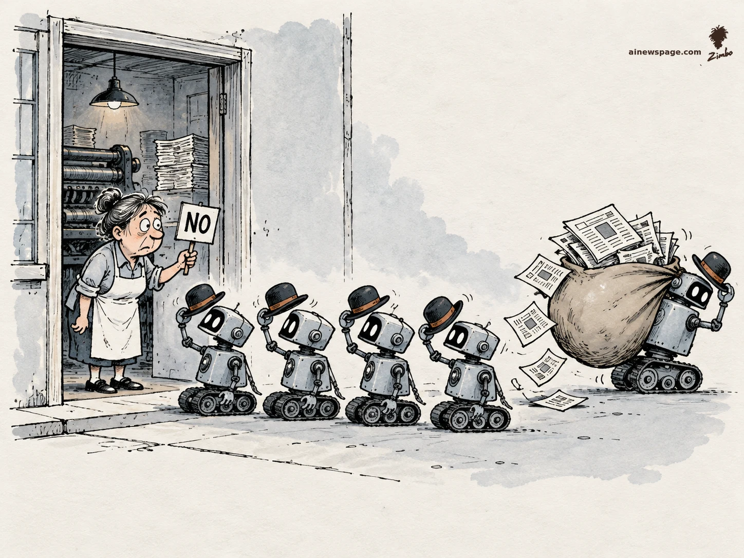 AI cartoon by Zimbo: Satirical cartoon: a worried publisher in an apron holds a tiny NO sign at her print-shop door while four polite robots on tank treads tip their hats and halt, and a fifth robot sneaks away hauling a bulging sack stuffed with newspapers.