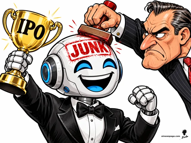 Satirical cartoon: a beaming robot in a tuxedo hoists a shiny golden IPO trophy while a stern banker stamps a huge red JUNK across its forehead.