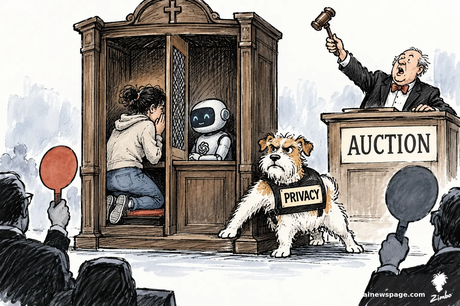 AI cartoon by Zimbo: Satirical cartoon: a scruffy watchdog wearing a PRIVACY vest blocks an auctioneer with a raised gavel at an AUCTION podium from selling a wooden confessional booth in which a user kneels whispering to a small robot.