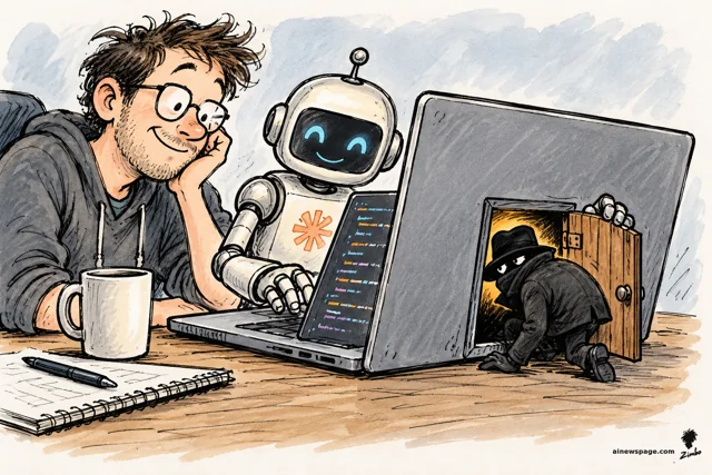 Satirical cartoon: a smiling developer watches a cheerful robot type code on a laptop while a shadowy burglar in a hat crawls in through a tiny wooden back door built into the back of the laptop.