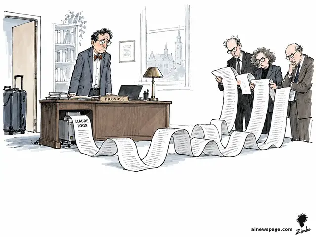Satirical cartoon: a provost stands behind his PROVOST desk watching three stern faculty investigators read an endless printout marked CLAUDE LOGS snaking across the office floor, a packed suitcase by the door.