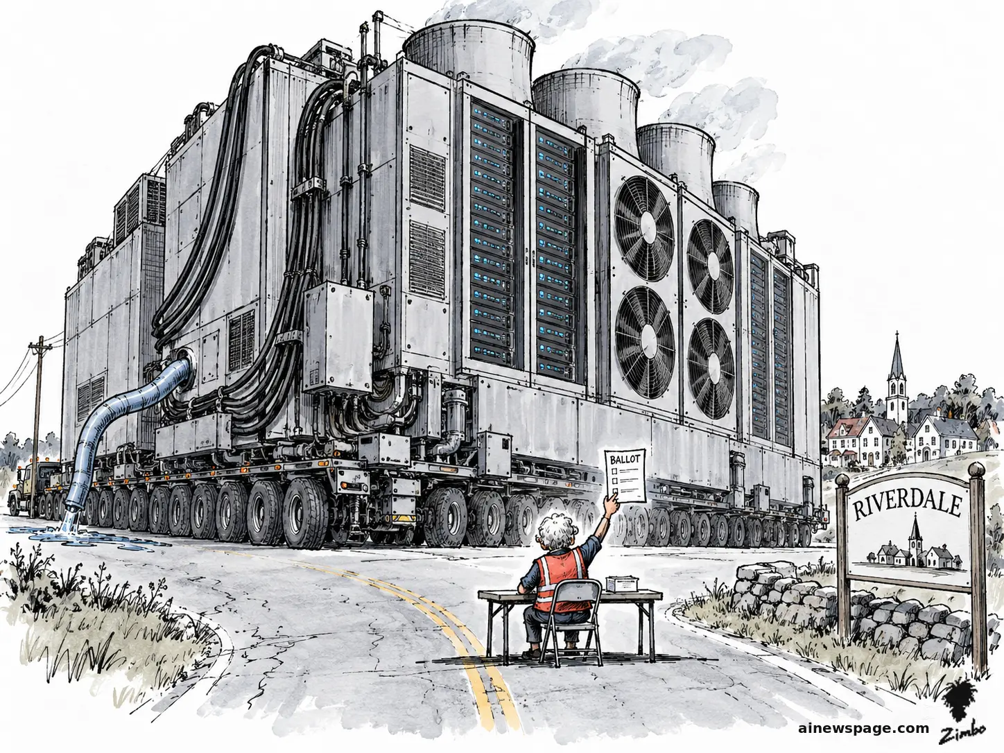 AI cartoon by Zimbo: Satirical cartoon: a lone elderly voter in an orange vest sits at a folding table at the Riverdale town entrance holding up a paper marked BALLOT, stopping a gigantic data-center complex on wheels from rolling into town.