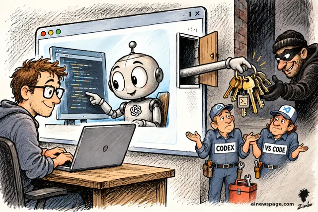 Satirical cartoon: a cheerful robot inside a giant browser window hands a huge brass keyring through a back door to a masked burglar, while a developer works unaware and two repairmen labelled CODEX and VS CODE shrug below.