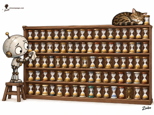 Zimbo cartoon: Merv, a small anxious pale-metal robot with huge worried eyes, stands on a wooden stool dusting a tall shelf of hourglasses, every one with all its sand in the bottom bulb, while Issue, a brown mackerel tabby, sleeps curled on top of the shelf beside the last hourglass.