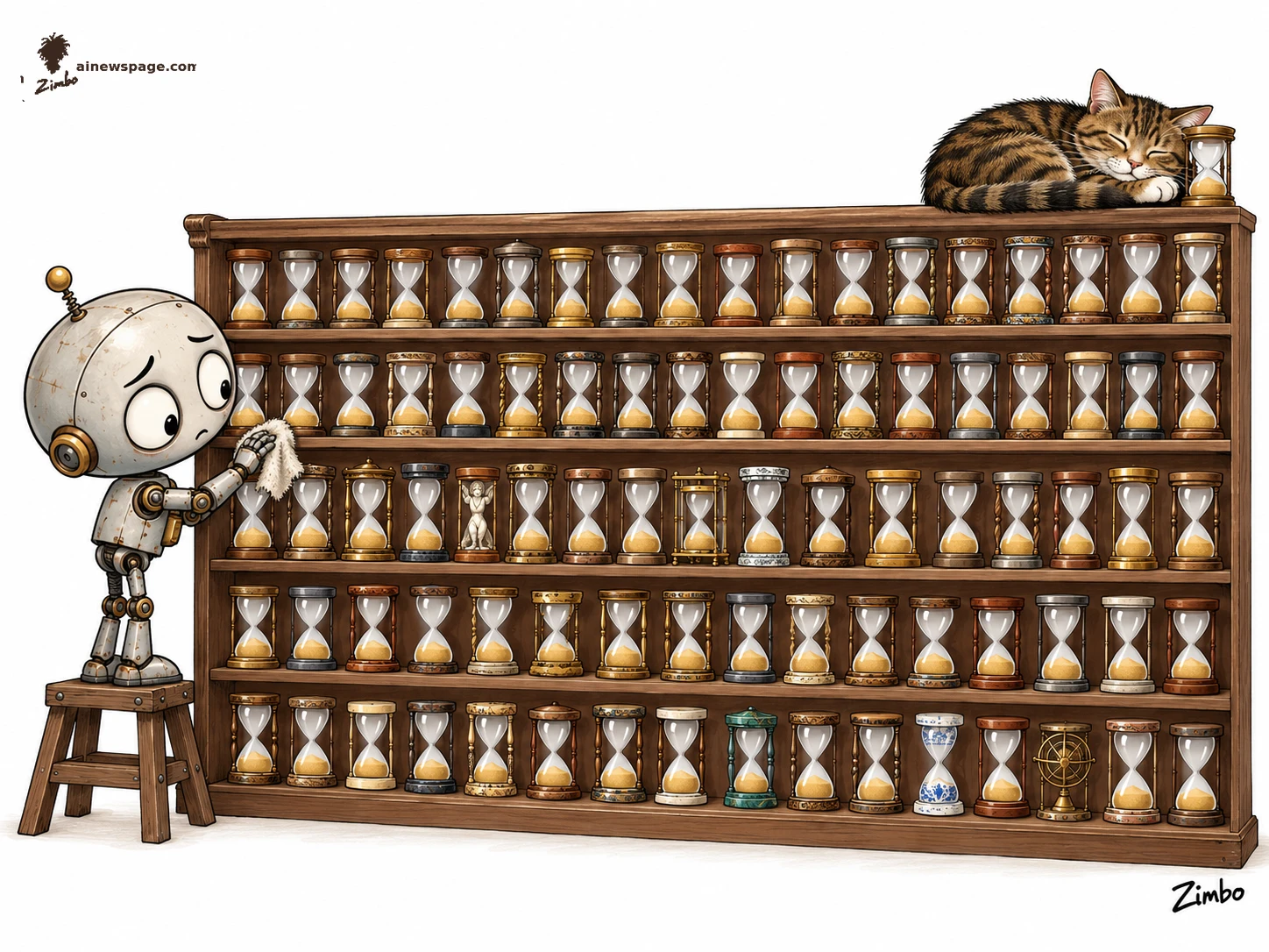 AI cartoon by Zimbo: Zimbo cartoon: Merv, a small anxious pale-metal robot with huge worried eyes, stands on a wooden stool dusting a tall shelf of hourglasses, every one with all its sand in the bottom bulb, while Issue, a brown mackerel tabby, sleeps curled on top of the shelf beside the last hourglass.