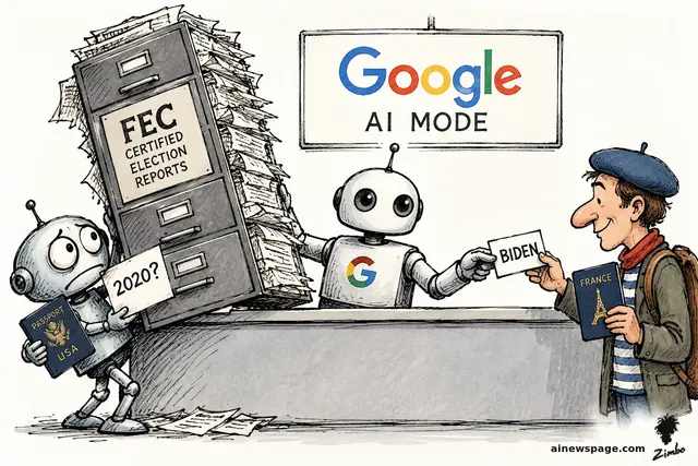 Satirical cartoon: a Google AI Mode robot clerk hands a beret-wearing French tourist a tiny card reading BIDEN while a small American robot holding a USA passport and a 2020? slip buckles under a giant filing cabinet marked FEC CERTIFIED ELECTION REPORTS.