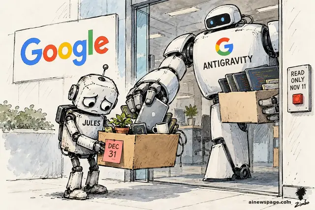 Satirical cartoon: a dejected small robot labelled JULES carries a cardboard box of coding tasks with a 'DEC 31' notice out of a Google office, while a gigantic robot labelled ANTIGRAVITY takes the box beside a 'READ ONLY NOV 11' switch.