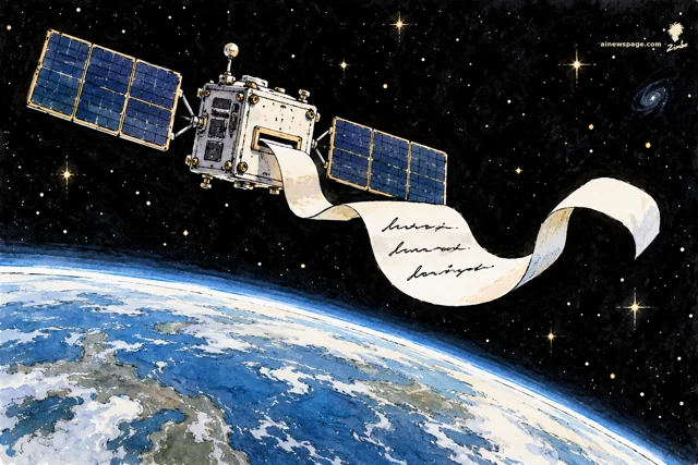 Satirical cartoon: a boxy satellite with blue solar panels orbits above Earth, printing a long flowing scroll covered in handwritten scribble — its first message from space is a poem, not telemetry.