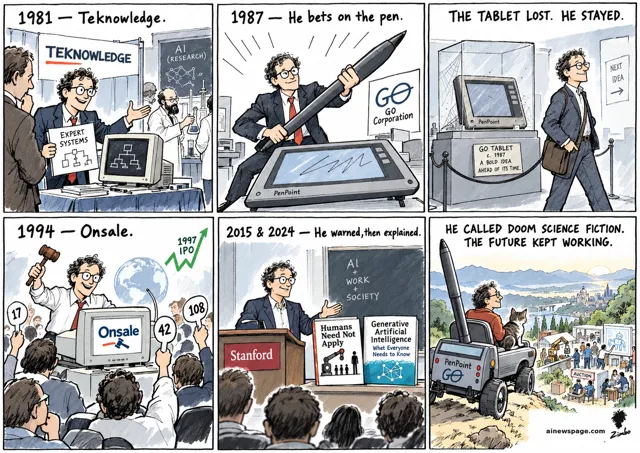 Jerry Kaplan strip in six panels: 1981 Teknowledge expert systems; 1987 GO PenPoint tablet; the tablet lost, in a museum case; 1994 Onsale auction; 2015 and 2024 books at Stanford; finale Kaplan and Issue the cat in a PenPoint tablet vehicle at a lookout over people working alongside machines.