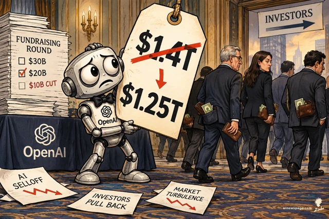 Satirical cartoon: a worried OpenAI robot holds a giant $1.4T price tag crossed out to $1.25T while investors walk away with their wallets, beside a fundraising-round checklist with $20B checked and $10B cut.