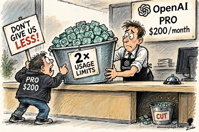 Satirical cartoon: a furious Pro subscriber holding a 'DON'T GIVE US LESS!' placard faces an embarrassed OpenAI clerk pushing a gigantic bucket labelled '2x USAGE LIMITS' across a complaints counter, a small bucket labelled 'CUT' discarded underneath.