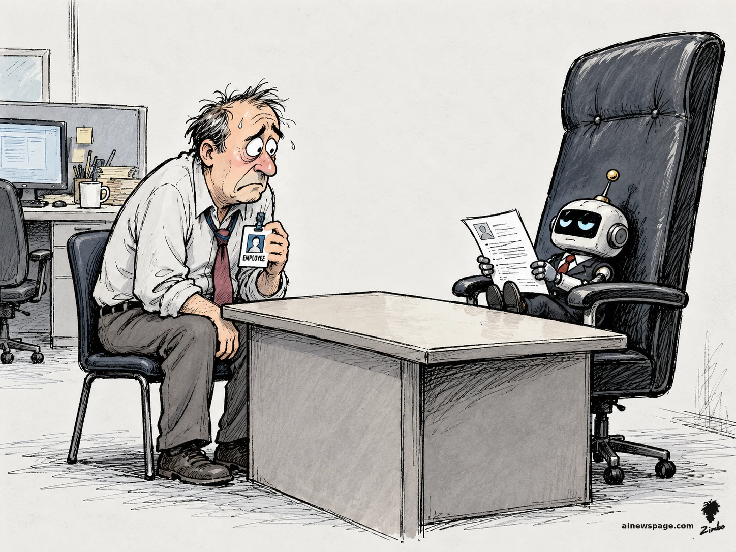 AI cartoon by Zimbo: Satirical cartoon: a nervous employee clutching his EMPLOYEE badge sits across a desk from a tiny smug robot in a suit in an oversized executive chair, being interviewed for the job he already holds, his own desk with computer and coffee mug behind him.
