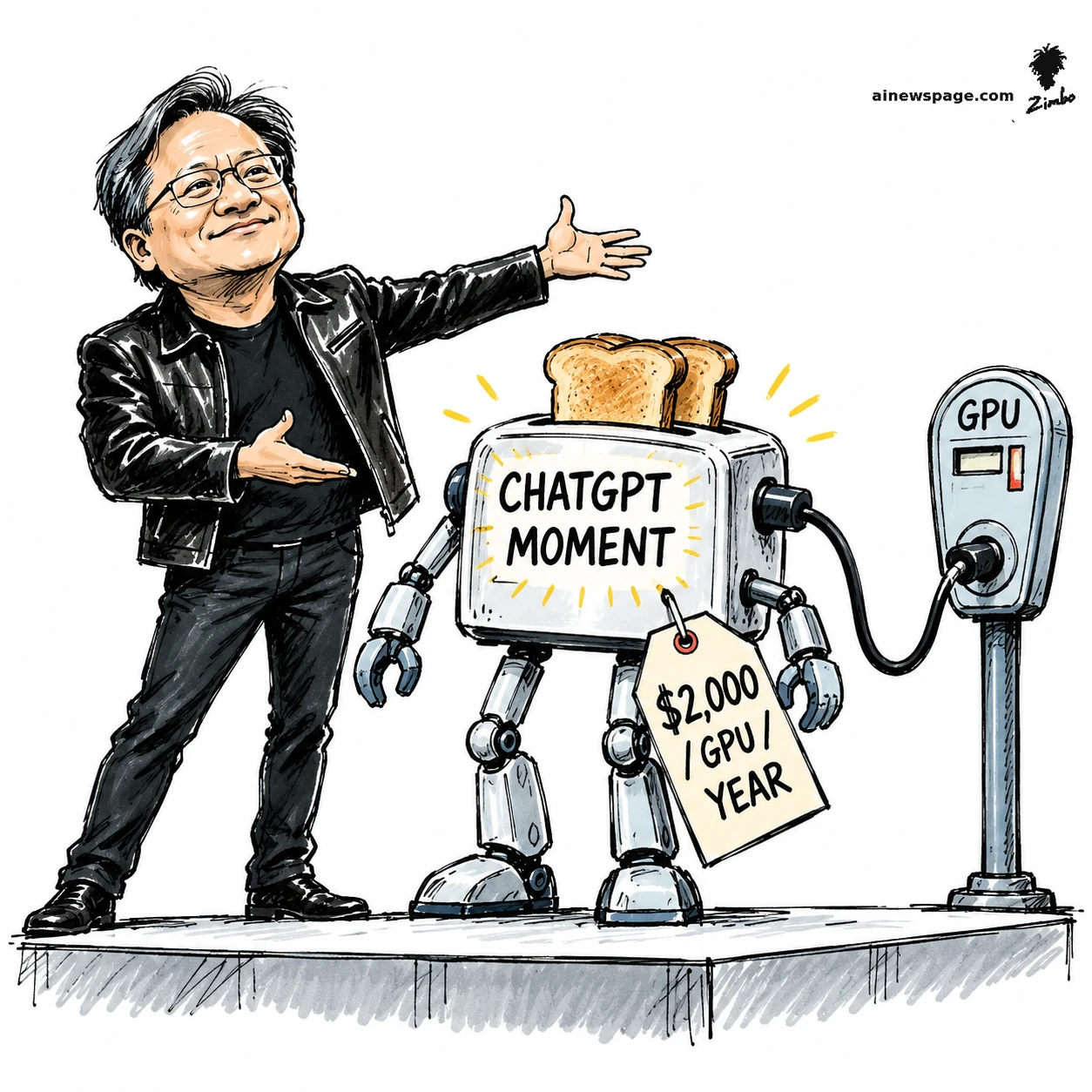 AI cartoon by Zimbo: Satirical cartoon: a caricatured Jensen Huang in his black leather jacket proudly presents a robot whose body is a toaster labeled 'CHATGPT MOMENT', plugged into a GPU meter and wearing a price tag reading '$2,000 / GPU / YEAR'.