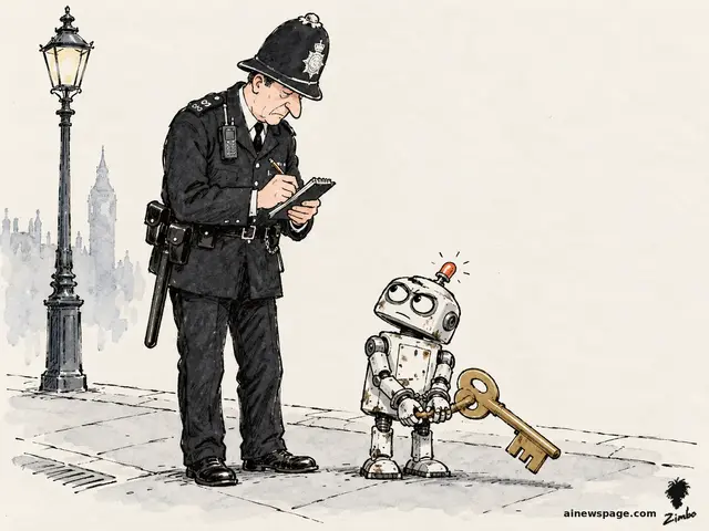 Satirical cartoon: a British bobby in a tall custodian helmet writes in his notebook beside a tiny handcuffed robot still clutching an oversized brass key, a London lamppost and Big Ben behind them.