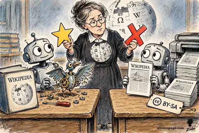 Satirical cartoon: a stern Wikipedia teacher holds a gold star over a robot that built an original mechanical bird from a Wikipedia book, and a large red X over a second robot proudly holding a photocopied Wikipedia page beside a detached 'CC BY-SA' tag.
