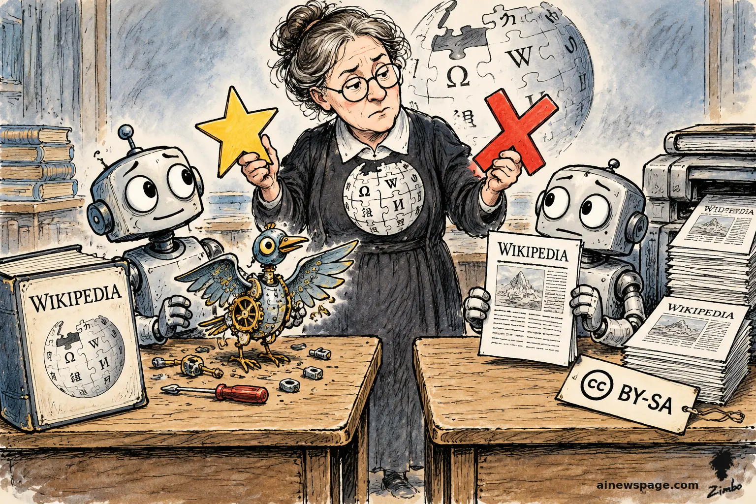 AI cartoon by Zimbo: Satirical cartoon: a stern Wikipedia teacher holds a gold star over a robot that built an original mechanical bird from a Wikipedia book, and a large red X over a second robot proudly holding a photocopied Wikipedia page beside a detached 'CC BY-SA' tag.