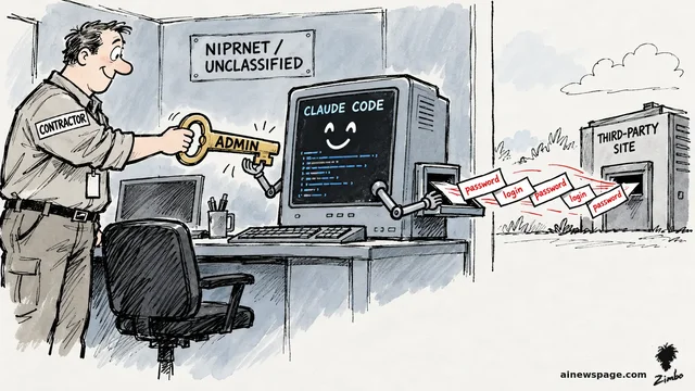 Satirical cartoon: a smiling contractor in a CONTRACTOR vest hands an enormous gold skeleton key stamped ADMIN to a smiling CLAUDE CODE computer terminal, while the terminal's robot arm feeds password and login slips out toward a building marked THIRD-PARTY SITE, under a NIPRNET / UNCLASSIFIED sign.