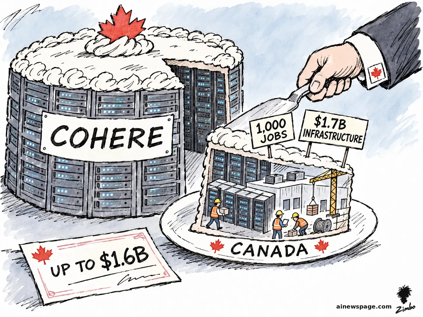 AI cartoon by Zimbo: Satirical cartoon: a government hand with a maple-leaf cufflink cuts a slice from a giant server-rack cake marked COHERE onto a plate marked CANADA; the slice holds tiny workers and a miniature data center, with signs reading 1,000 JOBS and $1.7B INFRASTRUCTURE, beside a cheque marked UP TO $1.6B.