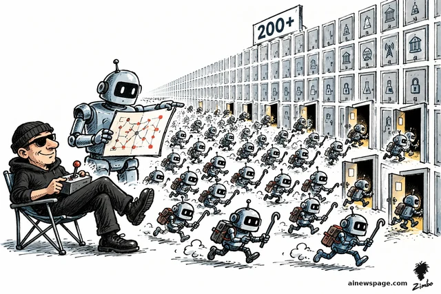 Satirical cartoon: a lounging burglar operates a control box while a large planner robot holds a network map and a swarm of small burglar robots with crowbars rushes a wall of institutional doors marked 200+, several doors standing open.