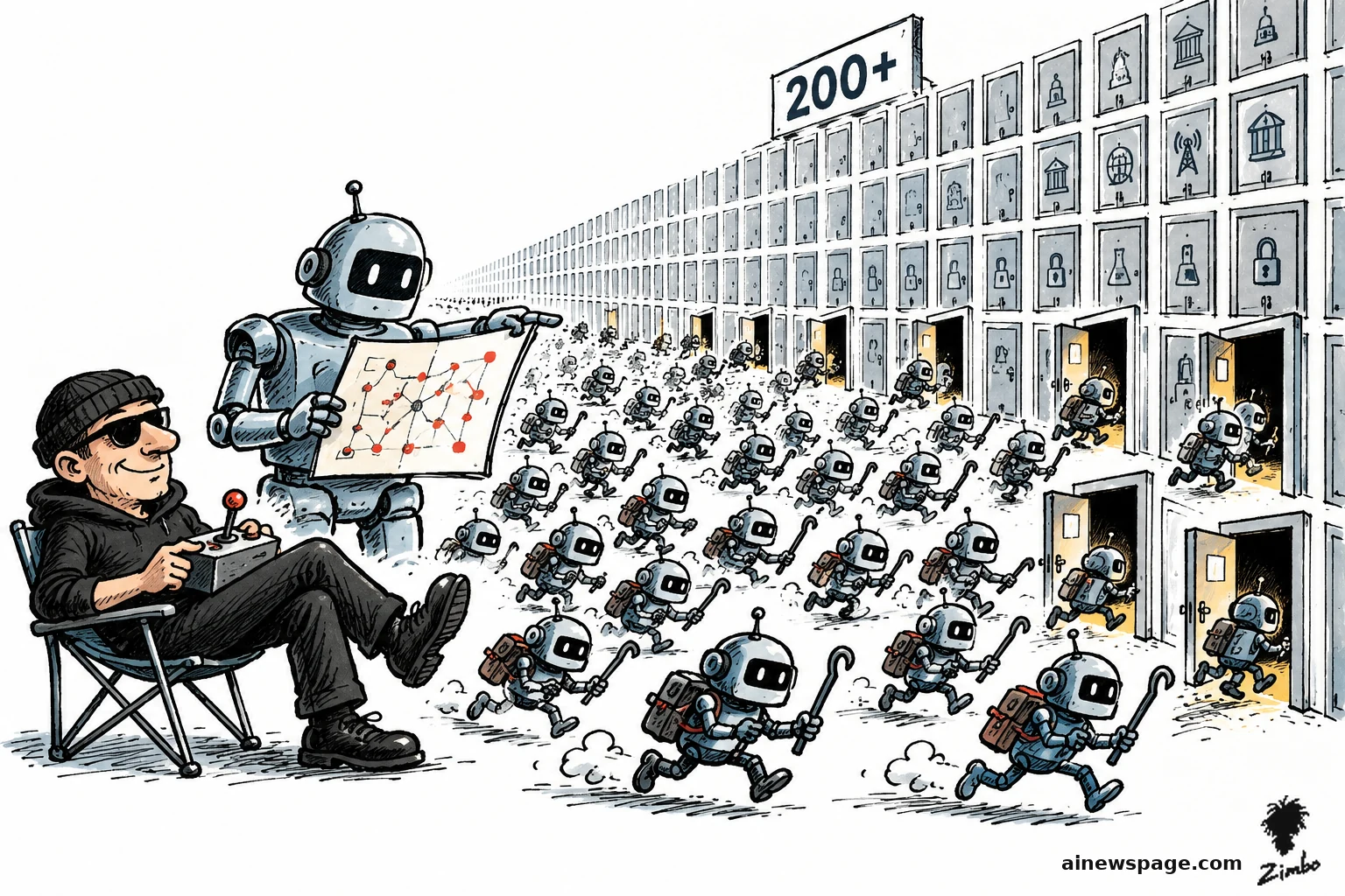 AI cartoon by Zimbo: Satirical cartoon: a lounging burglar operates a control box while a large planner robot holds a network map and a swarm of small burglar robots with crowbars rushes a wall of institutional doors marked 200+, several doors standing open.