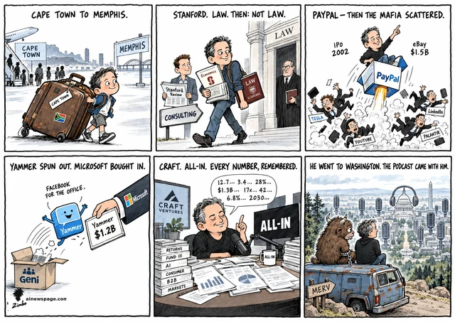 David Sacks in six panels: Cape Town boy, giant suitcase, Memphis; Stanford, law, then consulting; PayPal IPO and eBay's $1.5B buy scatter the Mafia; Yammer out of Geni, Microsoft pays $1.2B; Craft and All-In; finale Sacks and Merv in a beaten-up car gaze at a Washington of microphones.