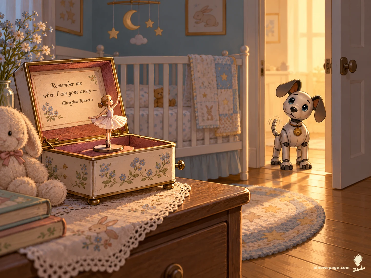 AI cartoon by Zimbo: Zimbo cartoon: a wind-up music box with a tiny dancer plays to an empty nursery; its lid reads 'Remember me when I am gone away — Christina Rossetti.' Buddy, a small pale-metal robot dog, listens from the doorway, head tilted, while the crib stands empty behind.